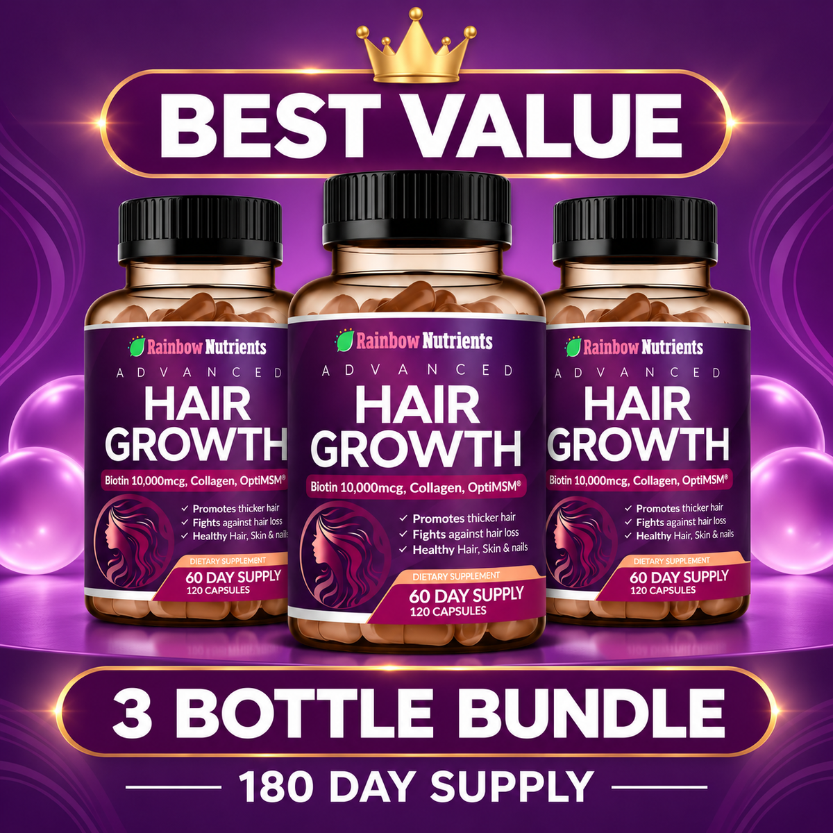 Rainbow Nutrients Advanced Hair Growth – Biotin 10,000mcg + Collagen & OptiMSM® | 120 Capsules, 60-Day Supply
