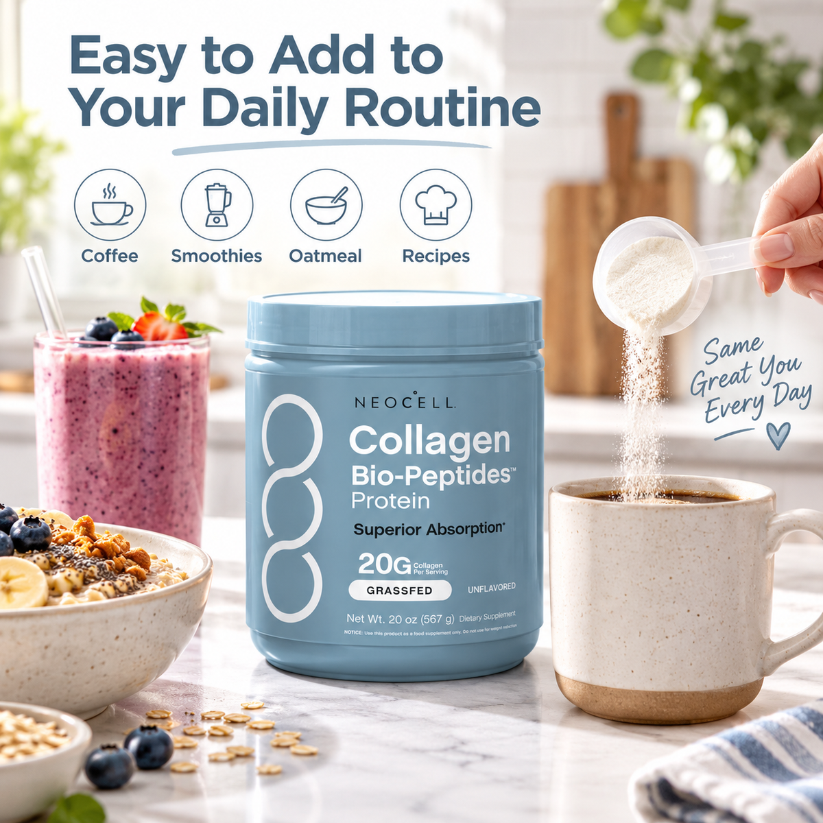 NeoCell Collagen Bio-Peptides Protein Powder – 20g Collagen | Grassfed & Unflavored | 20 oz
