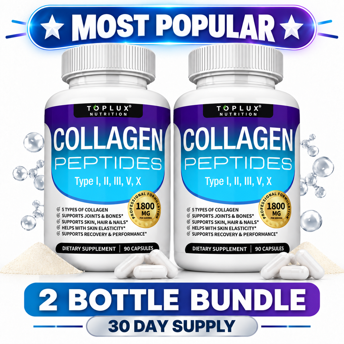 TOPLUX Nutrition Collagen Peptides 1800mg – 5 Types I, II, III, V & X | 90 Capsules