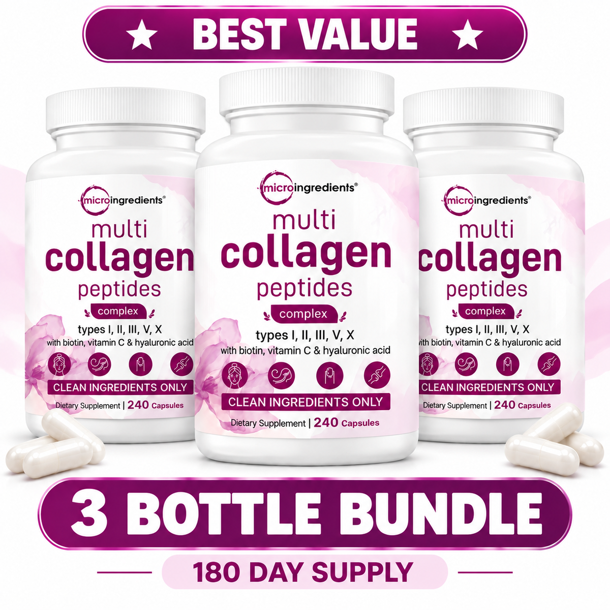 Micro Ingredients Multi Collagen Peptides Complex – 5 Types I, II, III, V & X with Biotin, Vitamin C & Hyaluronic Acid | 240 Capsules