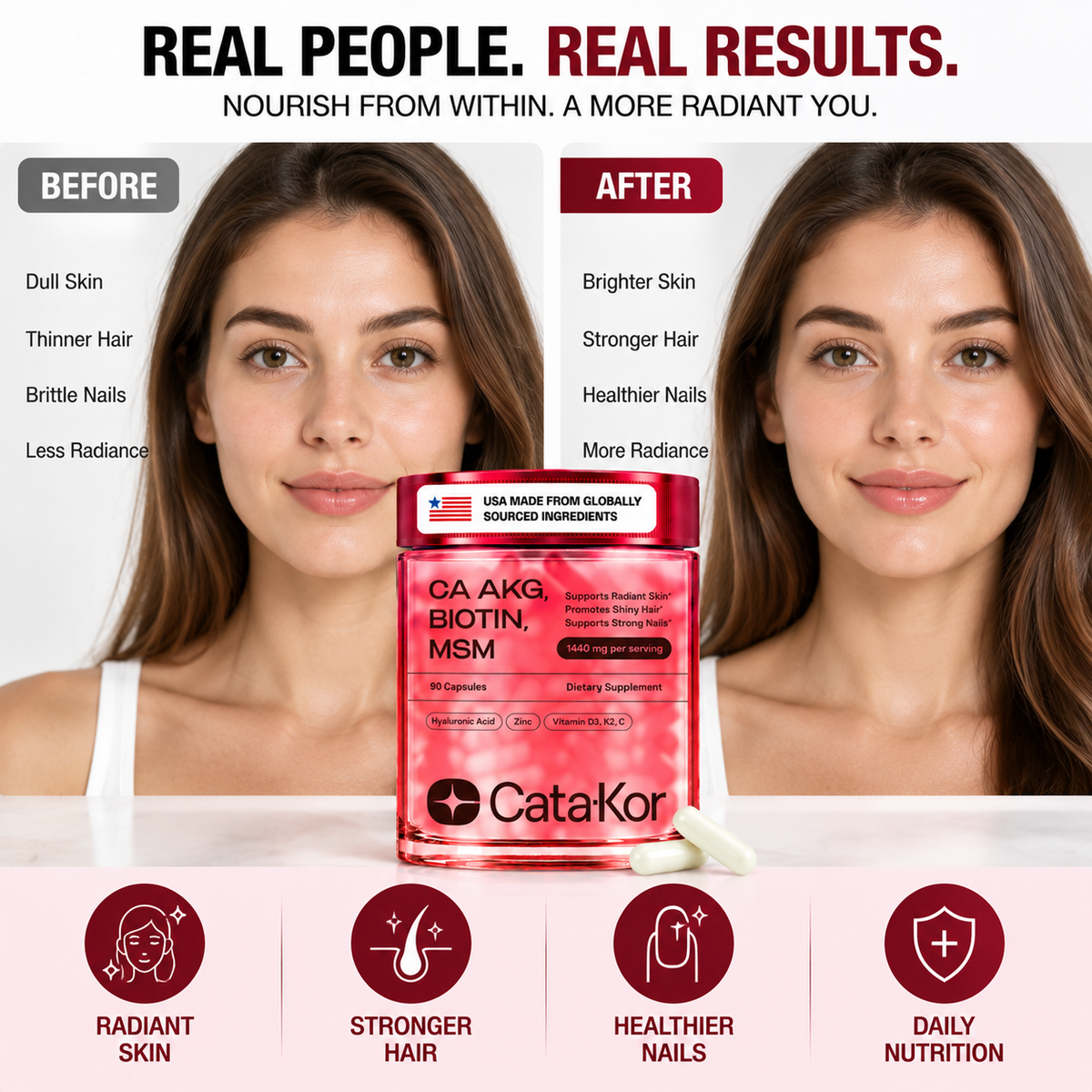 Cata-Kor Skin, Hair & Nails Vitamins – Ca-AKG + Biotin 5000mcg, MSM & Hyaluronic Acid | 90 Capsules