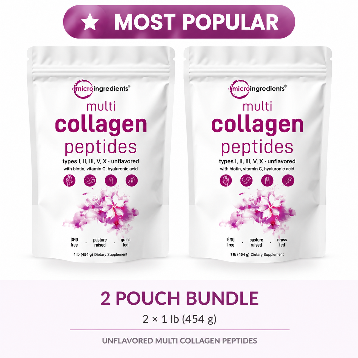 Micro Ingredients Multi Collagen Peptides Powder – 5 Types + Biotin, Vitamin C & Hyaluronic Acid | 1 lb