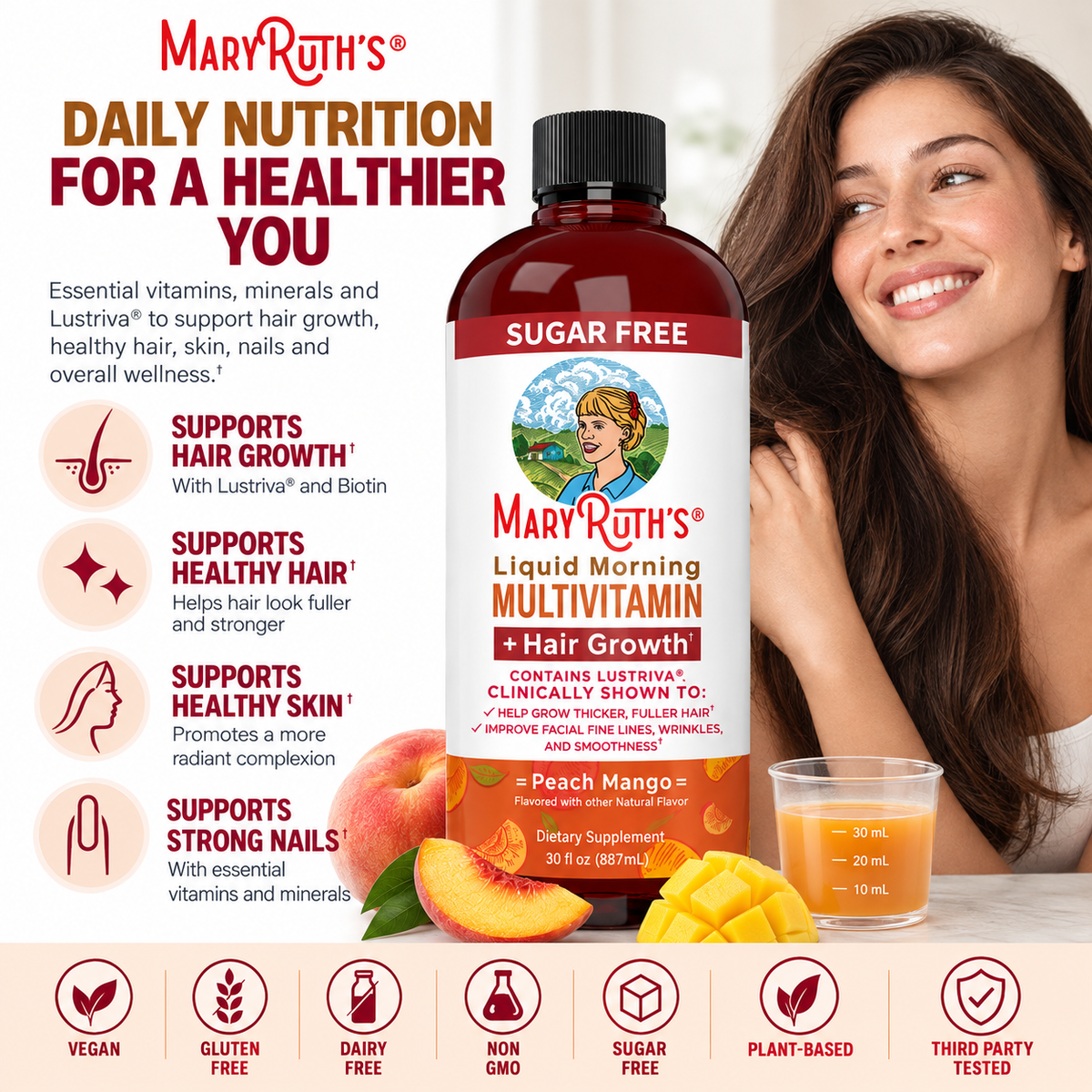 MaryRuth’s Liquid Morning Multivitamin + Hair Growth with Lustriva® – Peach Mango, Sugar Free | 30 fl oz