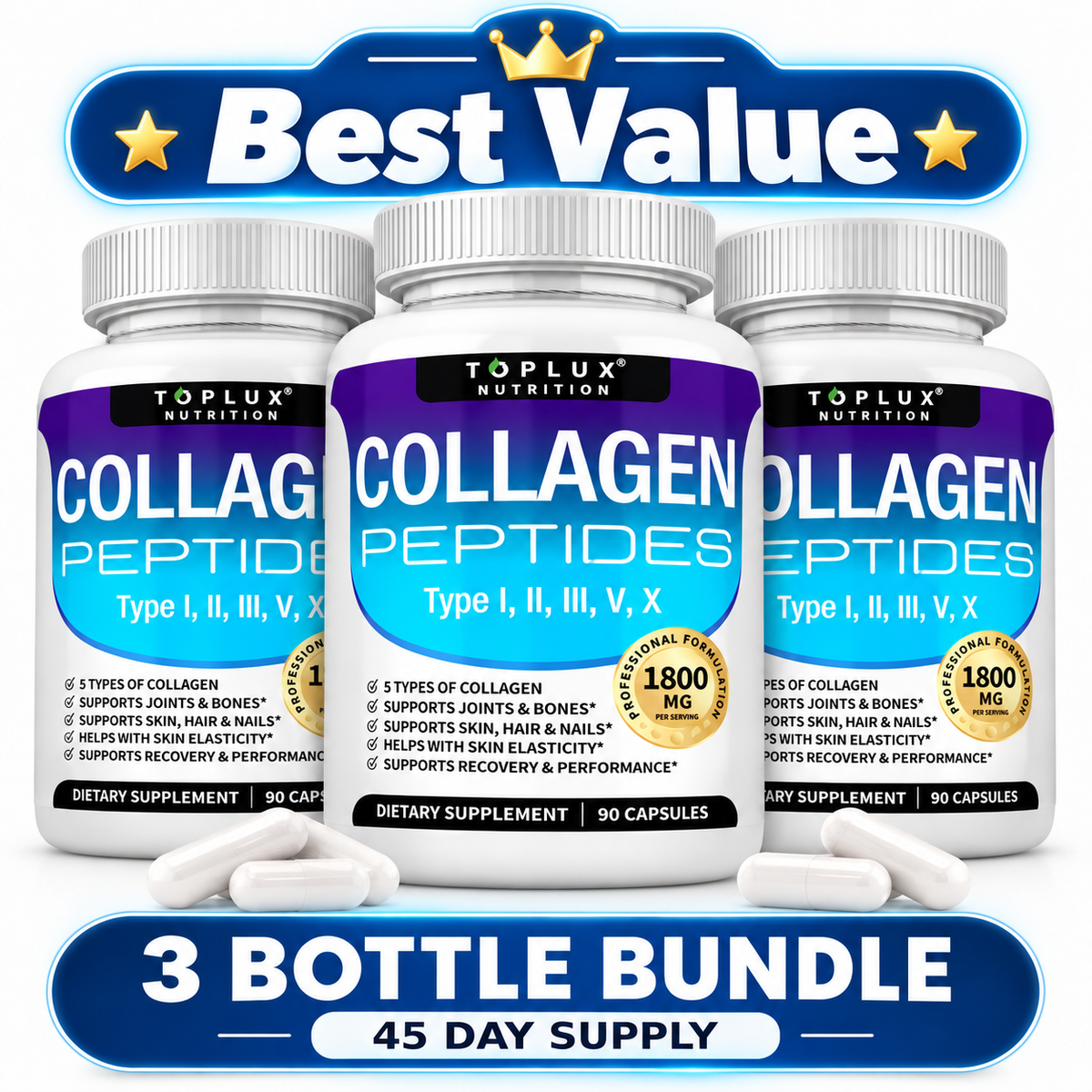 TOPLUX Nutrition Collagen Peptides 1800mg – 5 Types I, II, III, V & X | 90 Capsules