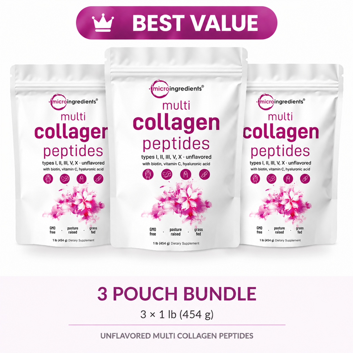 Micro Ingredients Multi Collagen Peptides Powder – 5 Types + Biotin, Vitamin C & Hyaluronic Acid | 1 lb