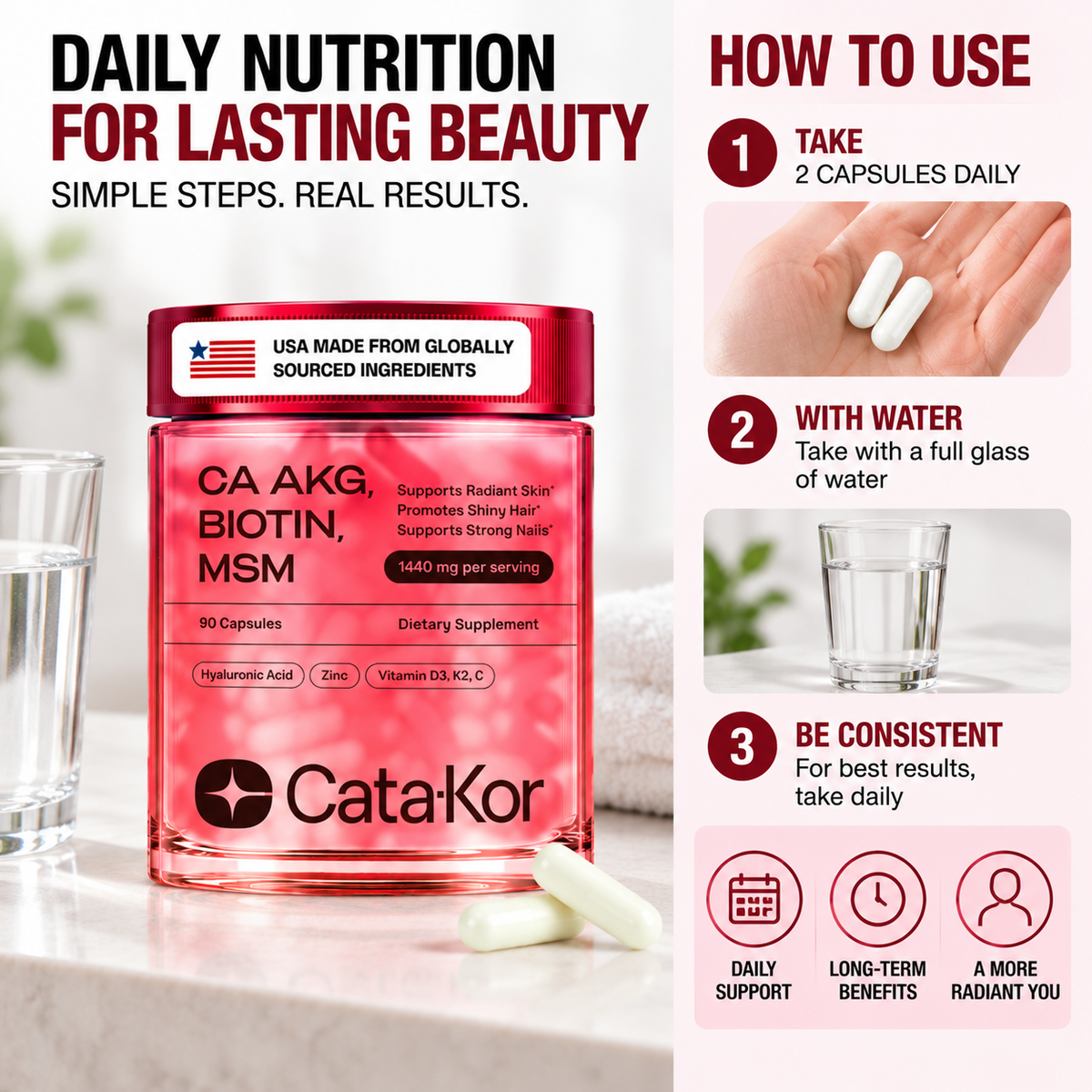 Cata-Kor Skin, Hair & Nails Vitamins – Ca-AKG + Biotin 5000mcg, MSM & Hyaluronic Acid | 90 Capsules