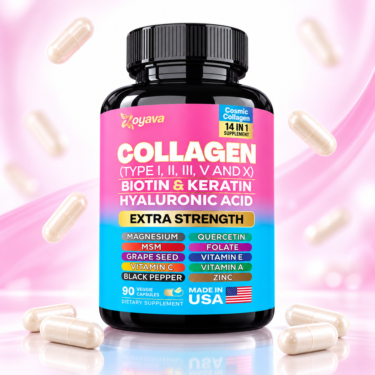 Zoyava Cosmic Collagen 14-in-1 – Multi Collagen Types I, II, III, V & X with Biotin, Keratin & Hyaluronic Acid | 90 Capsules