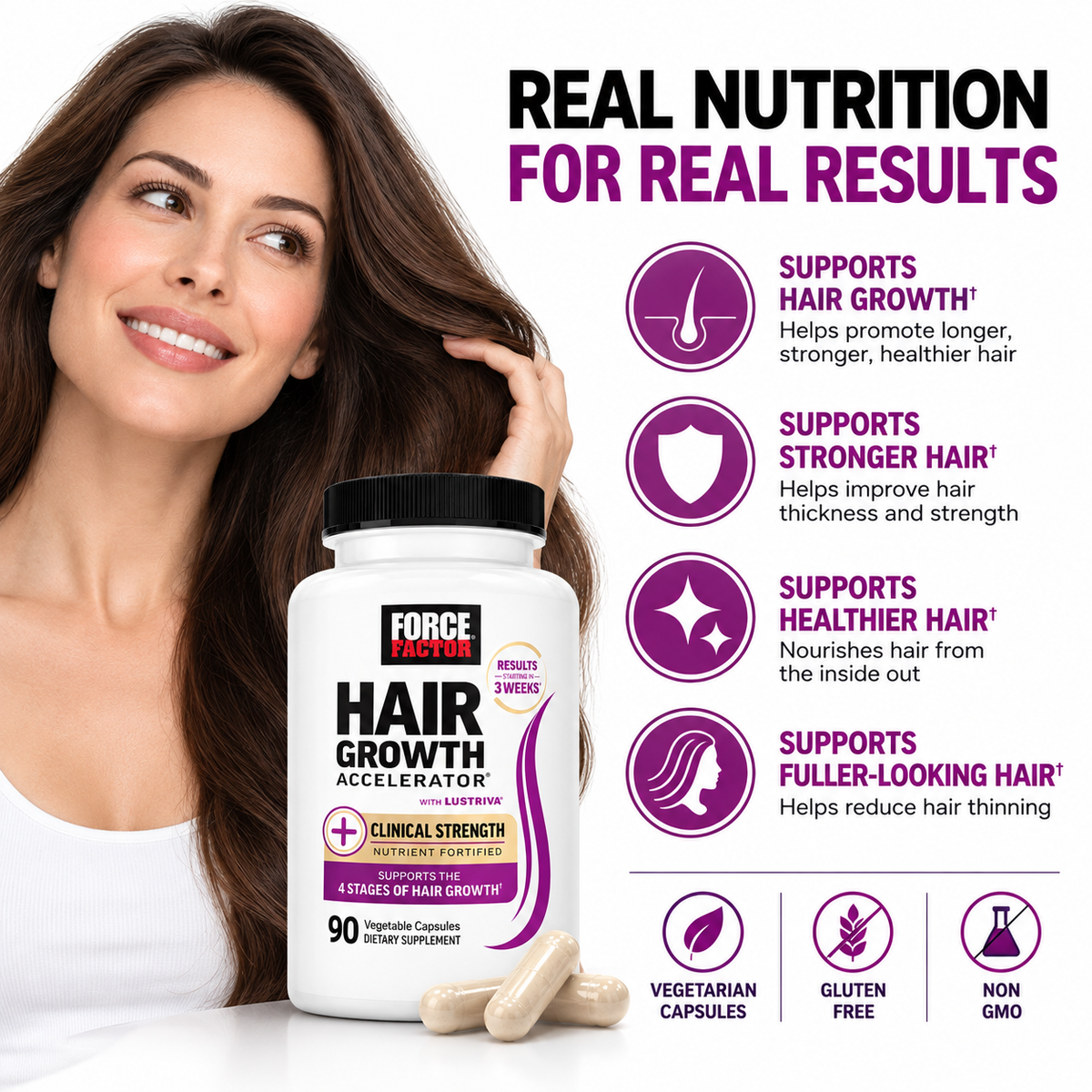 Force Factor Hair Growth Accelerator with Lustriva® – Clinical Strength Hair Support | 90 Capsules