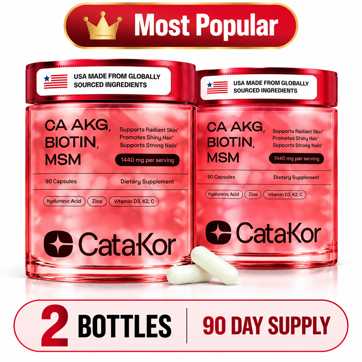 Cata-Kor Skin, Hair & Nails Vitamins – Ca-AKG + Biotin 5000mcg, MSM & Hyaluronic Acid | 90 Capsules